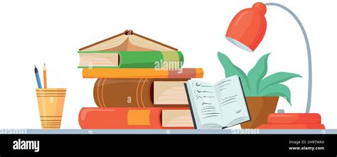 Stack Books On Table Cartoon Pile Textbooks Stacks Book With Lamp And