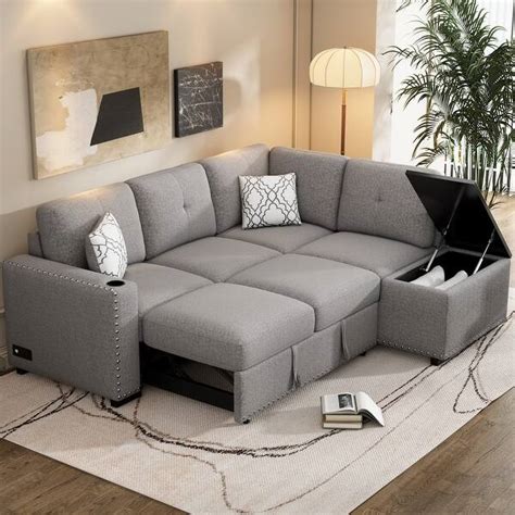 Modern Sectional Sofa w/ Pull-Out Bed, Chenille Sectionals with Movable Storage Ottomans & Cup ...