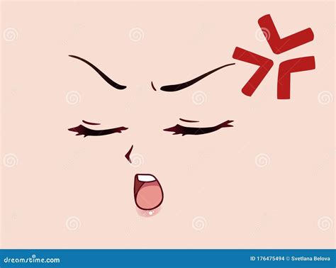 Angry Anime Style Face With Closed Eyes Little Nose And Kawaii Mouth