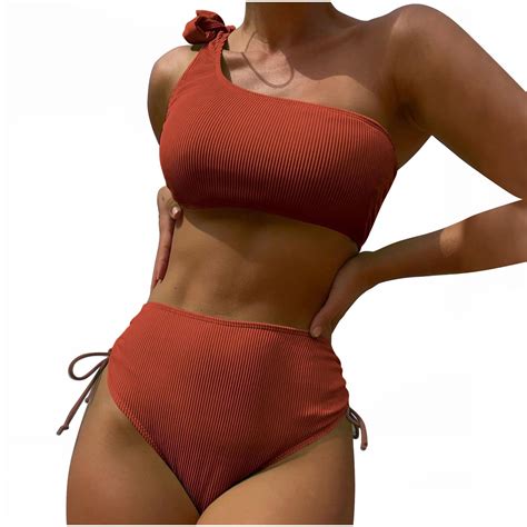 Hfyihgf Women One Shoulder Bikini Set Sexy Two Piece Ribbed High Cut