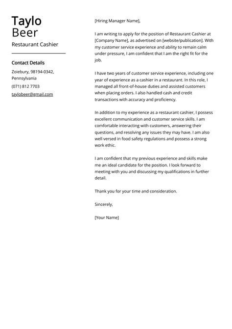 Cover Letter Sample Restaurant Restaurant Manager Cover Letter Examples