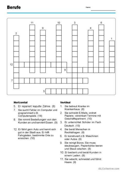 Berufe Kreuzwortr Tsel Vokabel Praxis Deutsch Daf Arbei