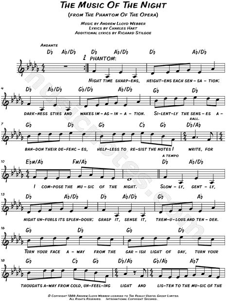 The Music Of The Night From The Phantom Of The Opera Sheet Music Leadsheet In Db Major