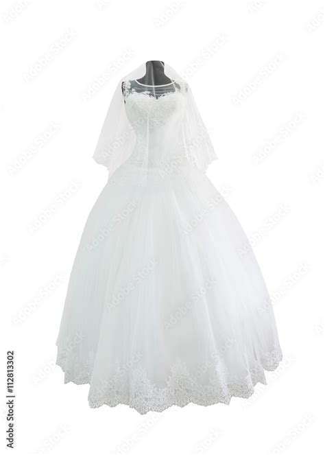 White wedding dress with veil on mannequin isolated on white background ...