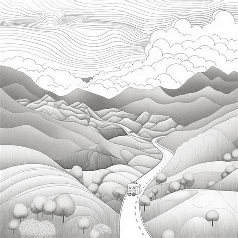 Premium Photo | A black and white drawing of a winding road in the mountains generative ai