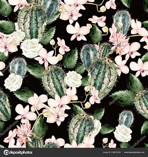 Watercolor Pattern With Cactus Rose And Orchids Stock Photo