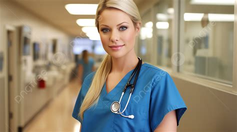 Beautiful Female Nurse Wearing A Blue Scrub Uniform And Stethoscope Background Hot Nurse