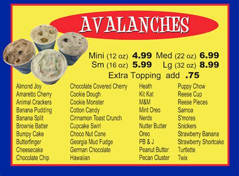 Avalanche Menu – Ice Cream Parlor – Harrison Township – Lori's Lick 'em ...