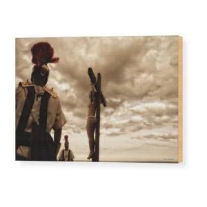 Raising the cross Wood Print by Ramon Martinez