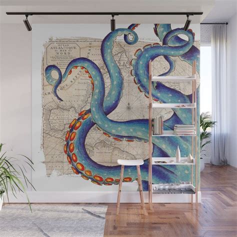 Octopus Tentacles Vintage Map Blue Wall Mural By Seven Sirens Studios