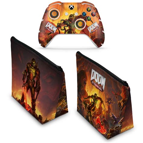 KIT Capa Case E Skin Xbox One Slim X Controle Doom Eternal Pop Arte