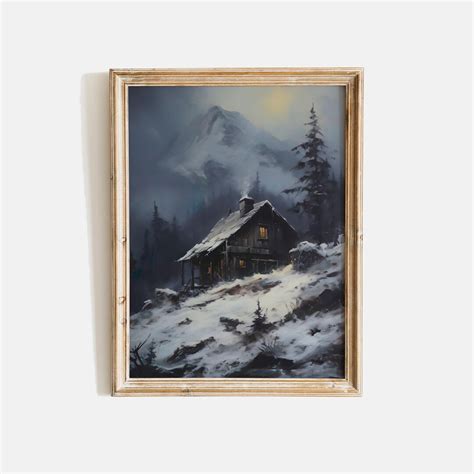 Snowy Cabin Painting, Vintage Snowy Cabin Painting, Winter Cabin, Lodge ...