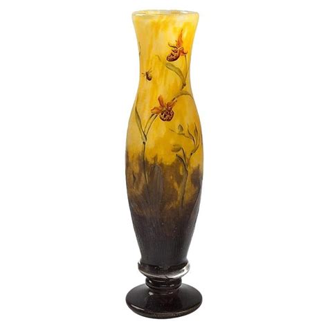 Daum Nancy Enameled And Etched Orchid Landscape Glass Vase For Sale At 1stdibs