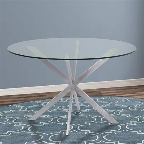 Armen Living Mystere Brushed Stainless Steel Round Contemporary Modern Dining Table Glass Top