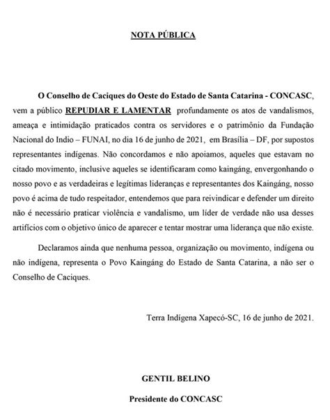 FUNAI Em nota pública caciques de Santa Catarina repudiam protesto