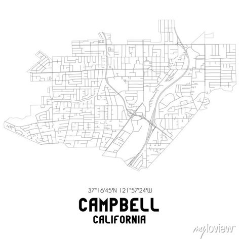 Campbell California Us Street Map With Black And White Lines Wall