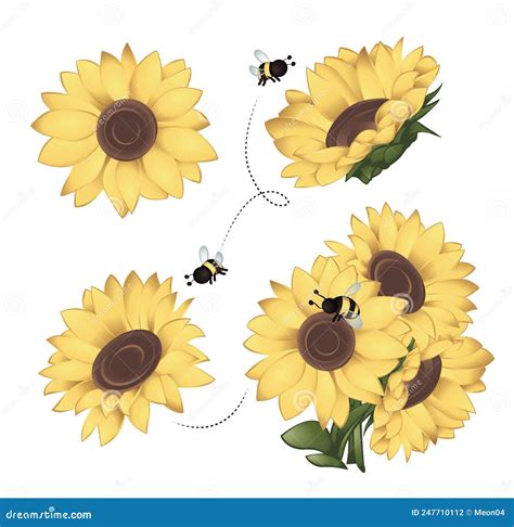 Set Of Sunflowers With Bees Around Stock Vector Illustration Of