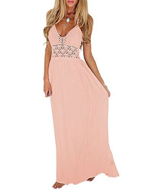 Ppyoung Womens Beach Crochet Backless Bohemian Halter Maxi Long Dress