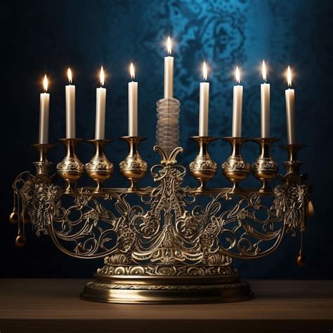 Premium Ai Image Jewish Hanukkah Menorah 9 Branch Candlestick Traditional Hebrew Festival Of