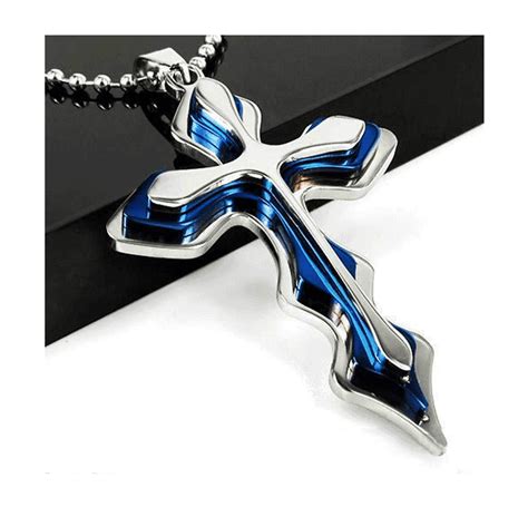 Jkmg Cross Pendant Necklace Silver Blue Stainless Steel Chain