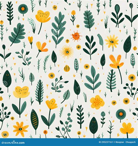 Nature Elements Seamless Pattern Leaves Pollen Stem Flat Design By