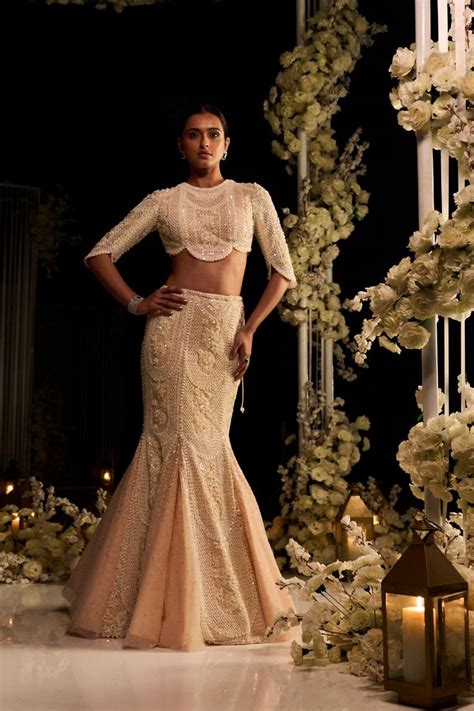 This Fish Cut Lehenga Set Features Intricate Pearl Sequin And Crystal