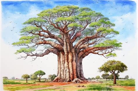 Watercolor and Pencil Drawing of Baobab Tree. Generative AI Stock ...