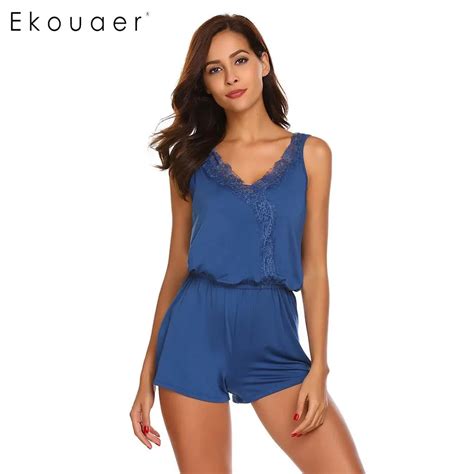 Ekouaer Sexy Women Pajamas Set V Neck Sleeveless Lack Patchwork Vest