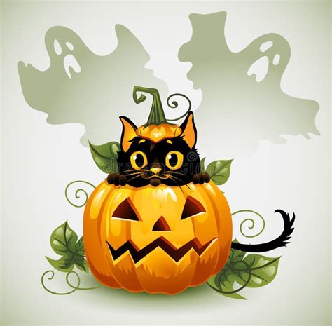 Gatto Nero In Una Zucca Ed In Un Fantasma Di Halloween Illustrazione