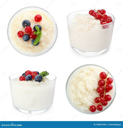 Conjunto De Diferentes Puddings De Arroz Deliciosos Sobre El Fondo Foto