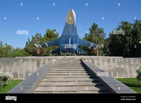 A Restored Blue And White Uzbek Air Force Sukhoi Su 27 Fighter Jet