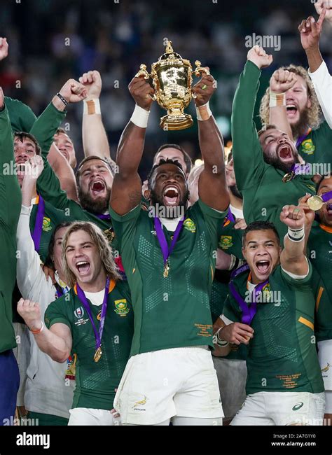 South Africa's Siya Kolisi lifts the Webb Ellis cup after South After ...