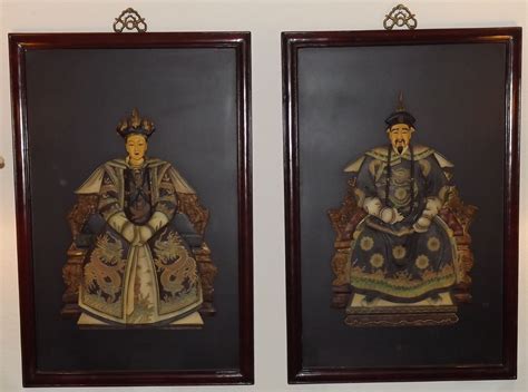 Chinese Emperor and Empress Large Framed Painted Carvings - Paintings ...