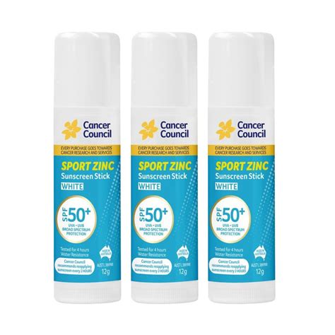 Buy 3x Cancer Council Sport Zinc Sunscreen Stick White Spf 50 12g