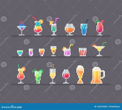 Pixel Art Style Alcohol Drinks And Cocktails Set Stock Vector