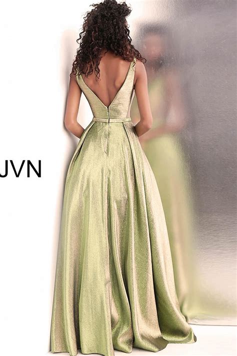 Green Gold Long A Line Pleated Skirt V Neck V Back Prom Dress