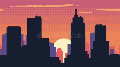 Animated Pixel Art Design Of Cityscape With Sunset And Moving Clouds