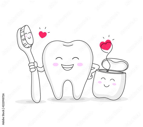 cute cartoon tooth character with toothbrush and dental floss. Dental ...