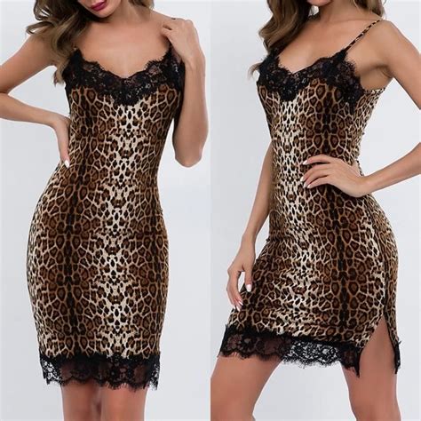 Femmes Sexy Discothèque Style Mode Dentelle Sling V Neck Leopard Sex