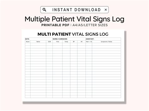 Printable Multiple Patients Vital Signs Log, PDF Digital Downloads A4 ...