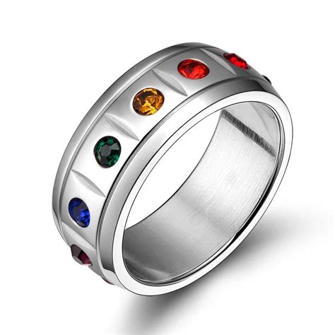 Rainbow Gay Pride Jewelry Stainless Steel Rhinestone Wedding Rings For