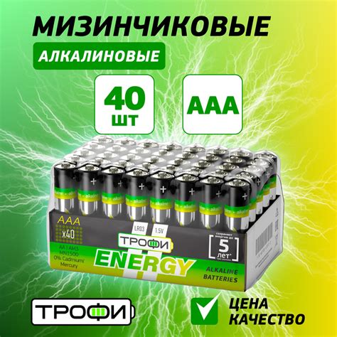 Батарейки ААА LR03 мизинчиковые алкалиновые Трофи LR03-40 bulk ENERGY ...