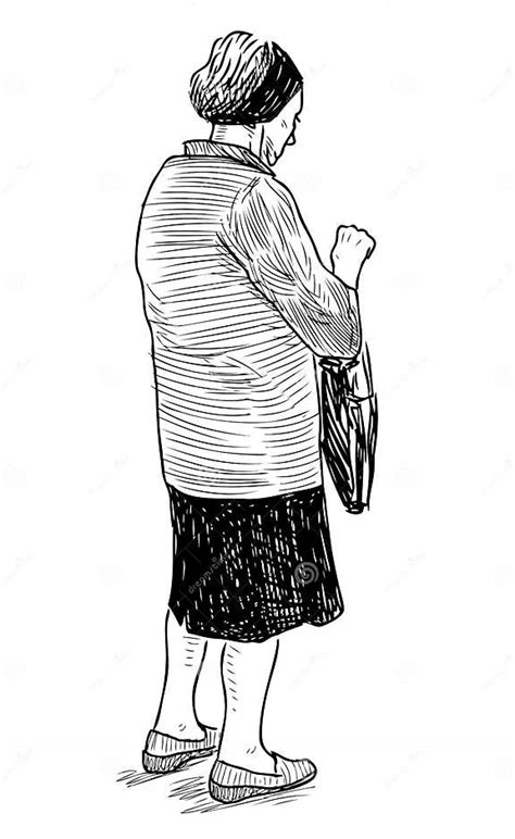 Sketch Of Elderly City Woman Staying On Street While Walking Stock