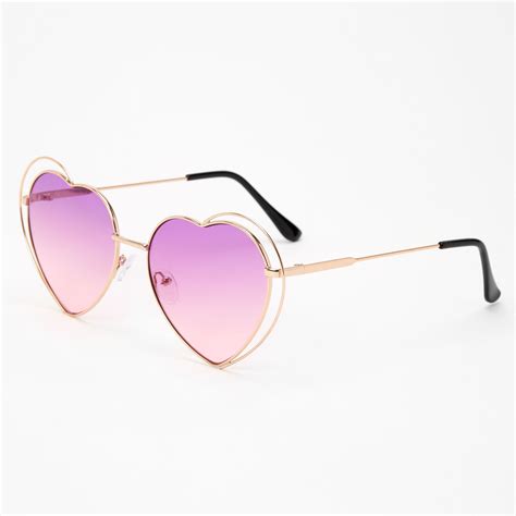 Gold Tone Double Purple Heart Sunglasses In 2024 Heart Sunglasses Heart Shaped Glasses Gold