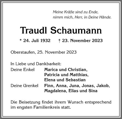 Traueranzeigen von Traudl Schaumann Allgäuer Zeitung