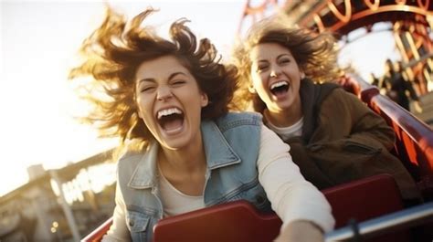 Premium Ai Image Two Women Laughing While Riding A Roller Coaster