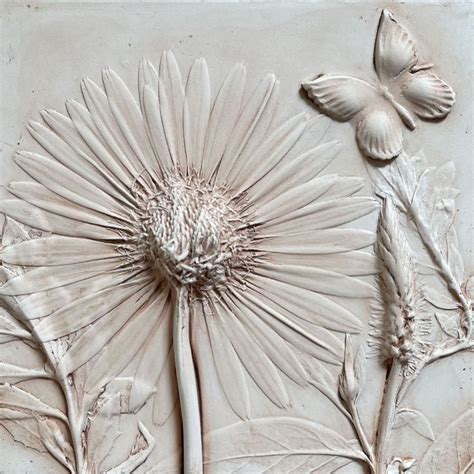 Gerbera Daisy Botanical Bas Relief Butterfly Plaster Wall Art Garden