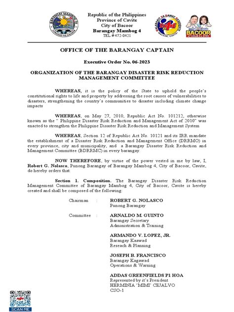Barangay Executive Order Nos 0060 2023 Bdrrm Committee Pdf