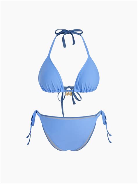 Knit Fabric V Neck Shell Detail Halter Tie Side Bikini Set Curve Plus