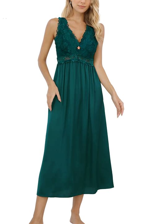 ALCEA ROSEA Womens Lingerie Satin Long Nightgown Sexy Chemise Lace V Neck Sleepwear For Women